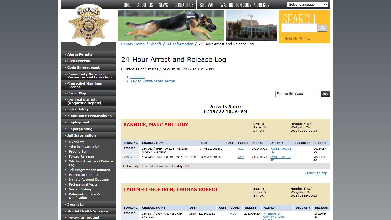 24-Hour Arrest and Release Log - Washington County, Oregon