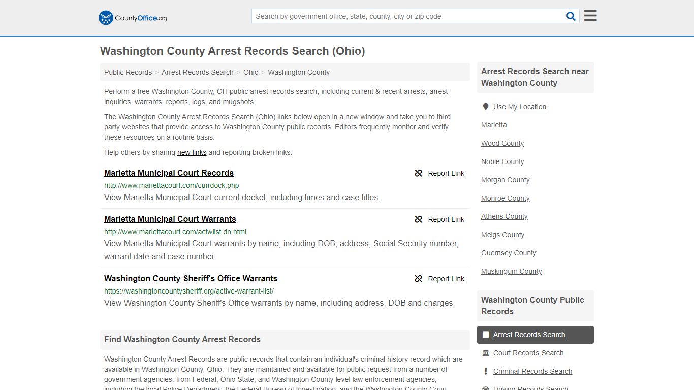 Washington County Arrest Records Search (Ohio) - County Office